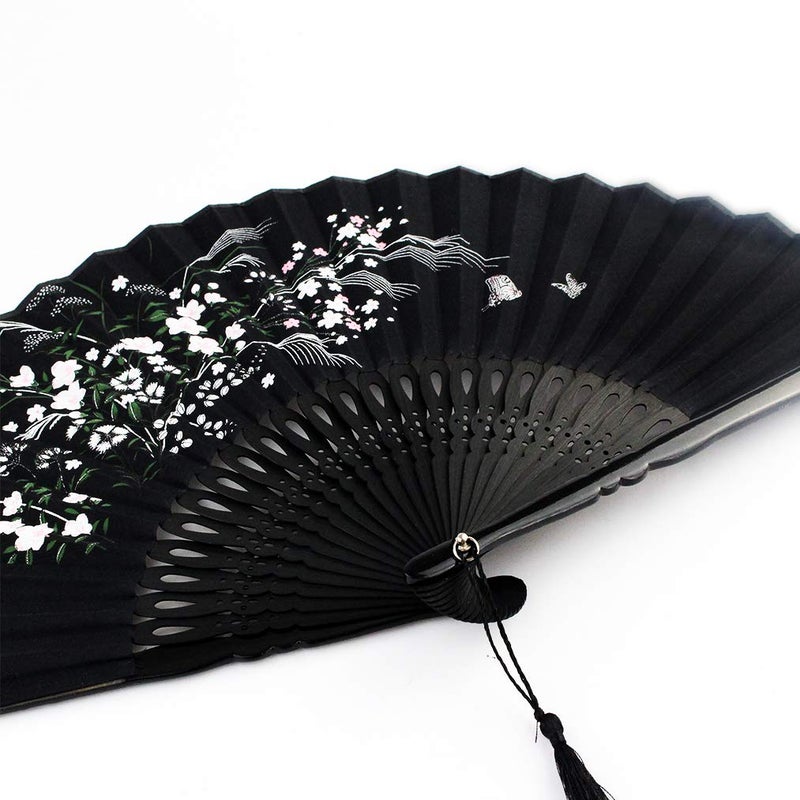 Wobe Black Linen Fabric Folding Hand Fan Grassflowers Bamboo Hand Held Fan with a Fabric Sleeve Handheld for Protection Birthday Gifts - Womens Chinese/Japanese Vintage Home Decorations - Image 4